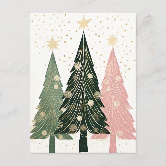 Carte Postale Arbres de Noël roses et verts (Devant)