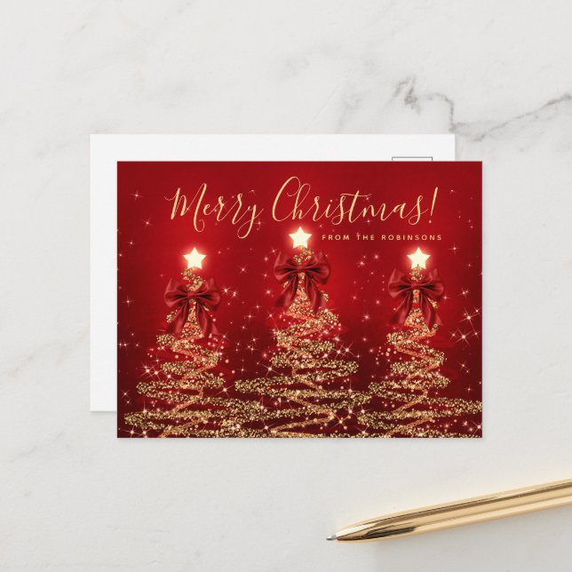 Carte Postale Arbres de Noël rouges or élégants avec rubans (Devant/Arrière en situation)