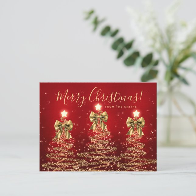Carte Postale Arbres de Noël rouges or élégants avec rubans (Debout devant)