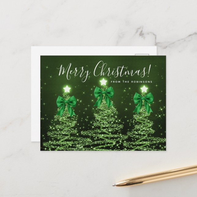 Carte Postale Arbres de Noël verts élégants pour les vacances Ru (Devant/Arrière en situation)