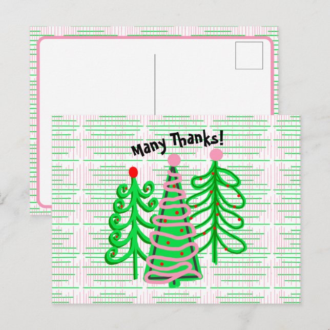 Carte Postale Arbres de Noël verts roses Merci (Devant / Derrière)