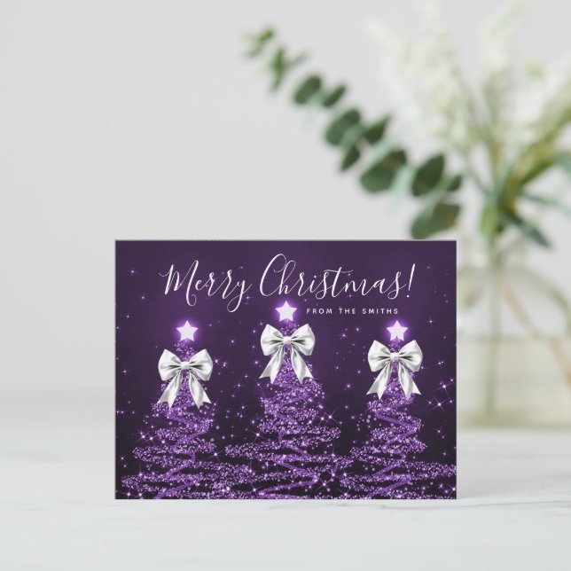 Carte Postale Arbres de Noël violets de vacances élégants Rubans (Debout devant)