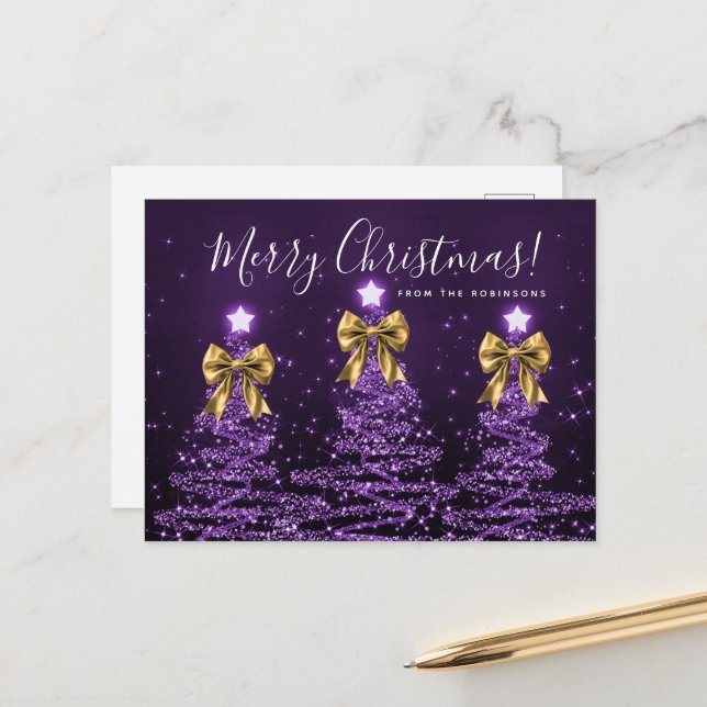 Carte Postale Arbres de Noël violets de vacances élégants Rubans (Devant/Arrière en situation)