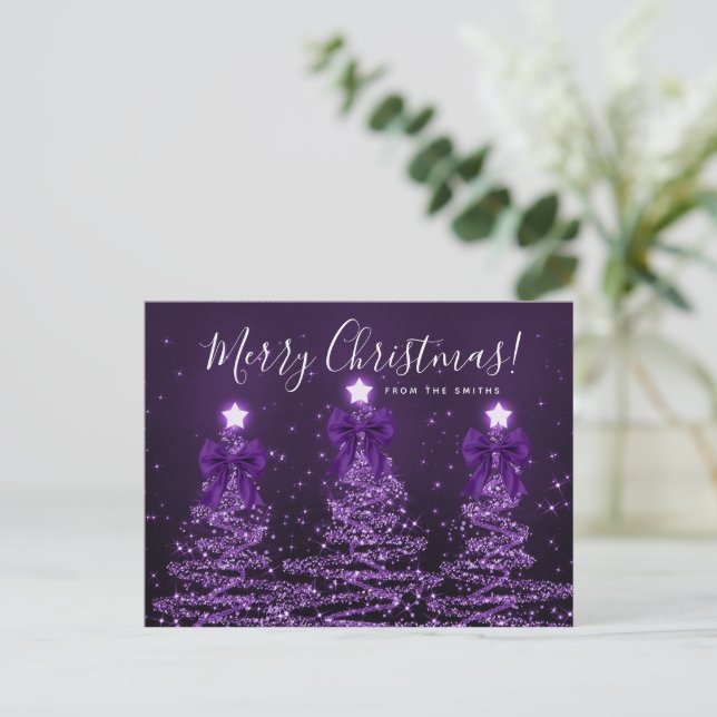 Carte Postale Arbres de Noël violets de vacances élégants Rubans (Debout devant)