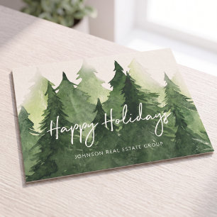 Carte Postale Arbres de pin aquarelle Joyeuses Fêtes de fin d'an
