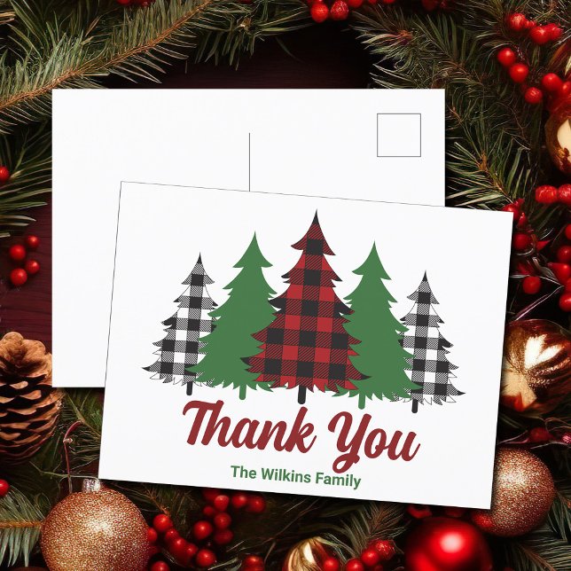 Carte Postale Arbres rouges de Noël Plaid Merci personnalisé (Créateur téléchargé)