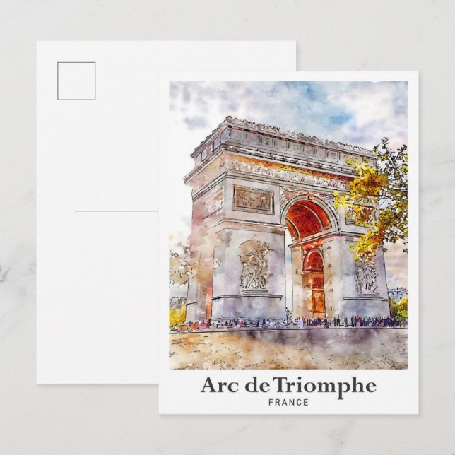 Carte Postale Arc de Triomphe France Art Aquarelle Sketch (Devant / Derrière)