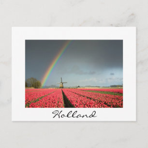 Carte Postale Arc-en-ciel, tulipes et moulin à vent en Hollande