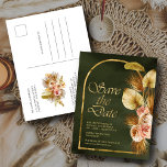 Carte Postale Arc Floral Terre Palmier Sage Vert Enregistrer La<br><div class="desc">Elégant thème tropical vintage enregistrer la date avec la typographie moderne et beau bouquet boho.</div>