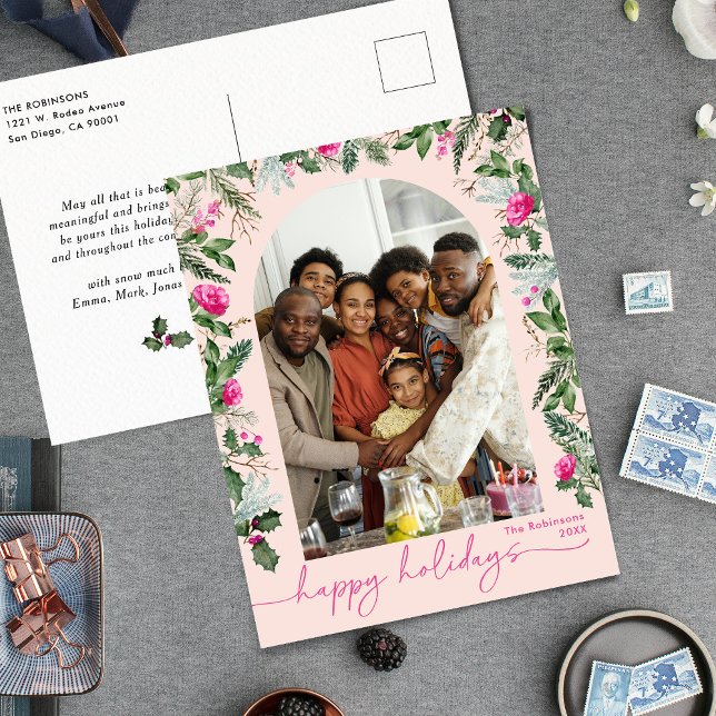 Carte Postale Arc vert rose vif Joyeux Vacances Photo (Créateur téléchargé)