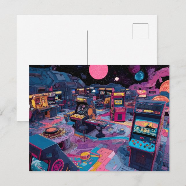 Carte Postale Arcade Rétro Futuriste dans l'Espace (Devant / Derrière)