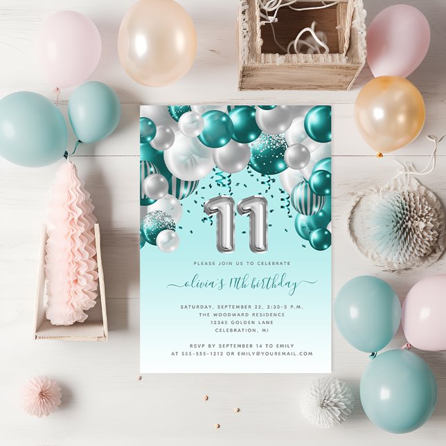 Carte Postale Arche de ballons sarcelle argent 11e anniversaire (Créateur téléchargé)
