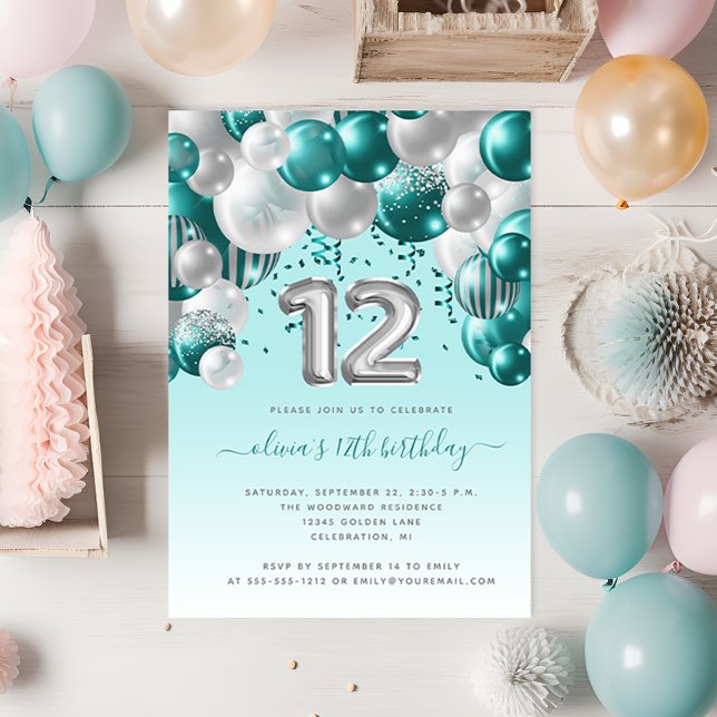 Carte Postale Arche de ballons sarcelle argent 12e anniversaire (Créateur téléchargé)