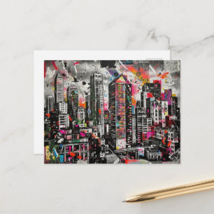 Carte Postale Architecture et collage d'oiseaux multicolore en t