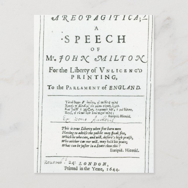 Carte Postale Areopagitica' un discours de John Milton (Devant)