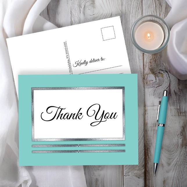 Carte Postale Argent | Aqua Moderne Simple Élégant Merci (Aqua Modern Simple Elegant Thank You Postcard)