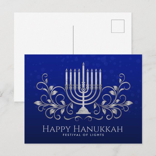 Carte Postale Argent Menorah Swirl Ornament Happy Hanoukka (Devant / Derrière)