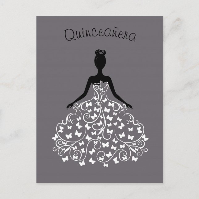 Carte Postale Argent Noir Papillon Gown Quinceanera Invitation (Devant)