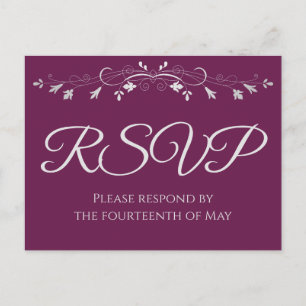 Carte Postale Argent sur Cassis Purple Mariage élégant RSVP