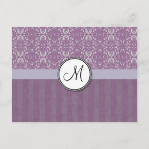 Carte Postale Argent sur Lavender Damask avec stries et monogram