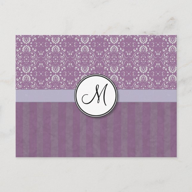Carte Postale Argent sur Lavender Damask avec stries et monogram (Devant)