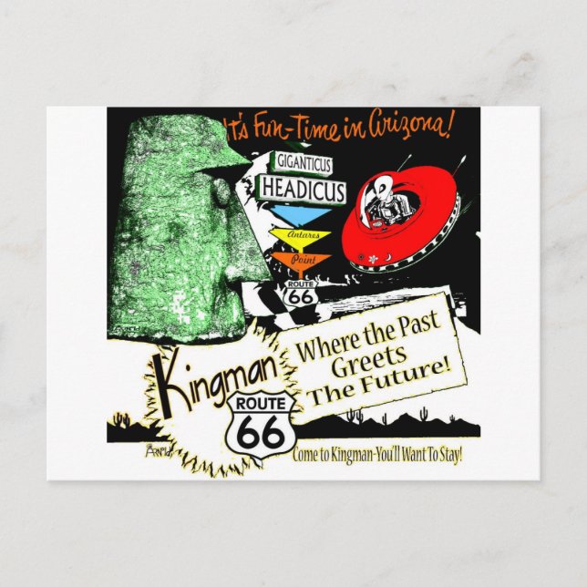 Carte Postale Arizona Fun-Time 1950 style Alien UFO Route 66 (Devant)