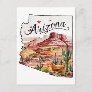 Carte Postale Arizona USA État Forme Aquarelle Vintage
