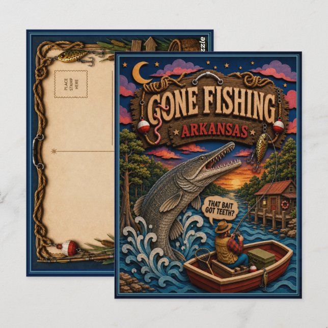 Carte Postale Arkansas Gone Fishing Alligator Gar (Devant / Derrière)