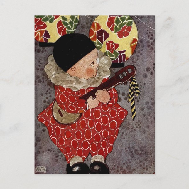 Carte Postale Arlequin enfant vintage, Musicien Jouant Banjo (Devant)