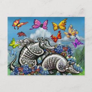 Carte Postale Armadillos Bluebonnets Papillons Fleurs sauvages