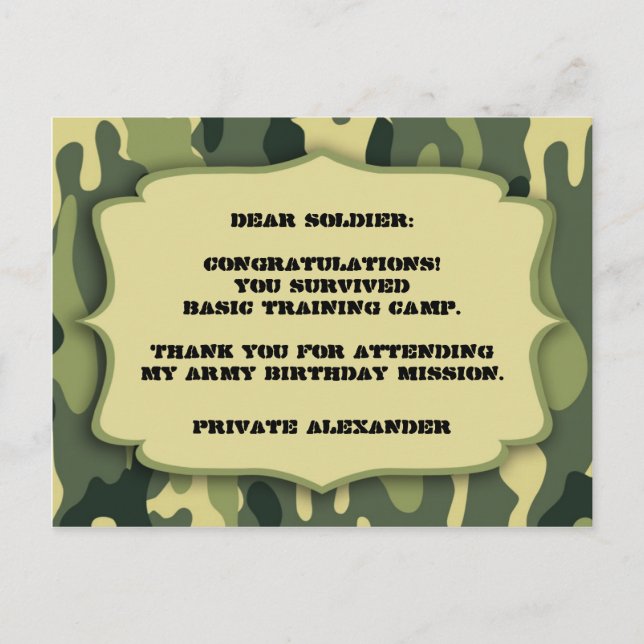 Carte Postale Army Camo Birthday party thank you note (Devant)