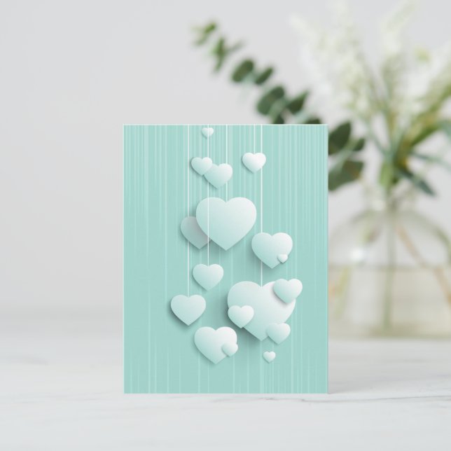 Carte Postale Arrière - plan vert clair avec coeur blanc 3D (Debout devant)