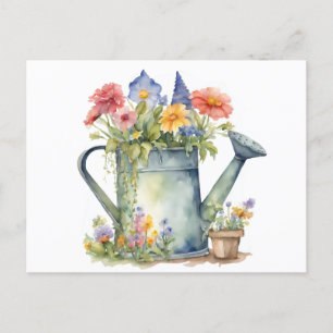 Carte Postale Arrosoir pastel avec fleurs de jardin aquarelle