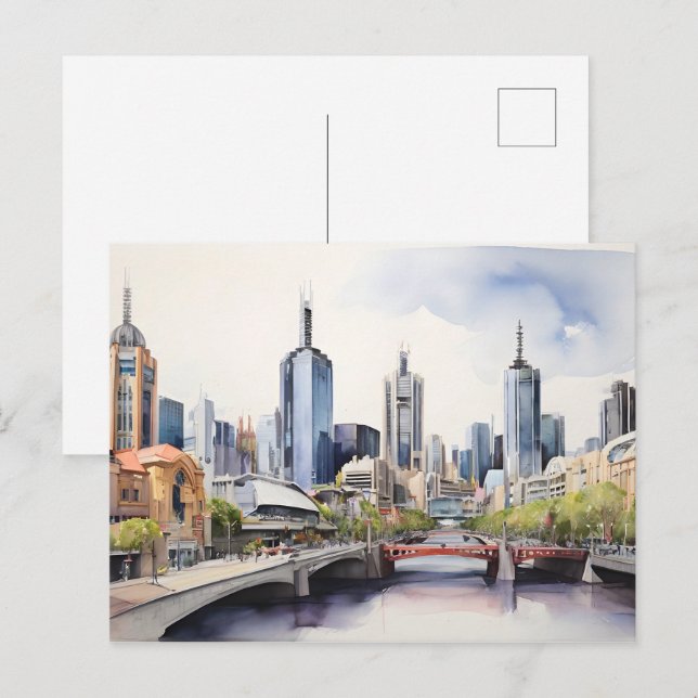 Carte Postale art à l'aquarelle de Melbourne (Devant / Derrière)