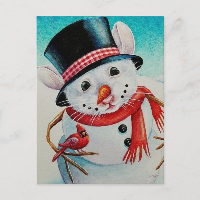 Carte Postale Art à l'aquarelle de souris bonhomme de neige au p (Devant)