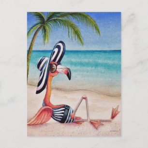 Carte Postale Art à l'aquarelle Flamingo Beach Babe Capricieux N