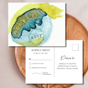 Carte Postale Art Abstrait Aquarelle Bleue RSVP de Mariage Uniqu