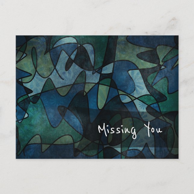 Carte Postale Art abstrait bleu, vert, sarcelle "Tu me manques" (Devant)