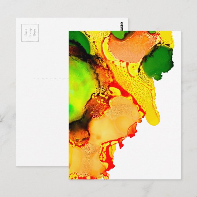 Carte Postale Art abstrait encre à alcool jaune vert (Devant / Derrière)