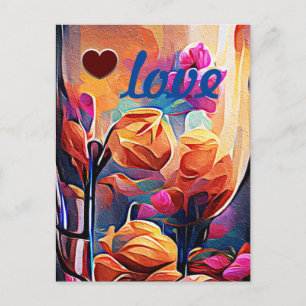 Carte Postale Art Abstrait Floral Fleurs Orange Rouge Bleu