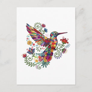 Carte Postale Art aquarelle coloré de colibri floral