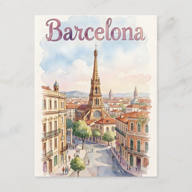 Carte Postale art aquarelle de Barcelone (Devant)