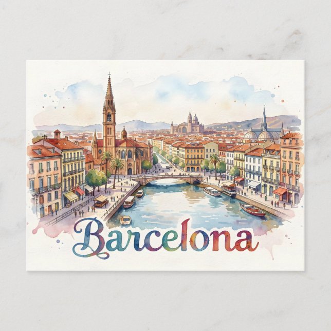 Carte Postale art aquarelle de Barcelone (Devant)