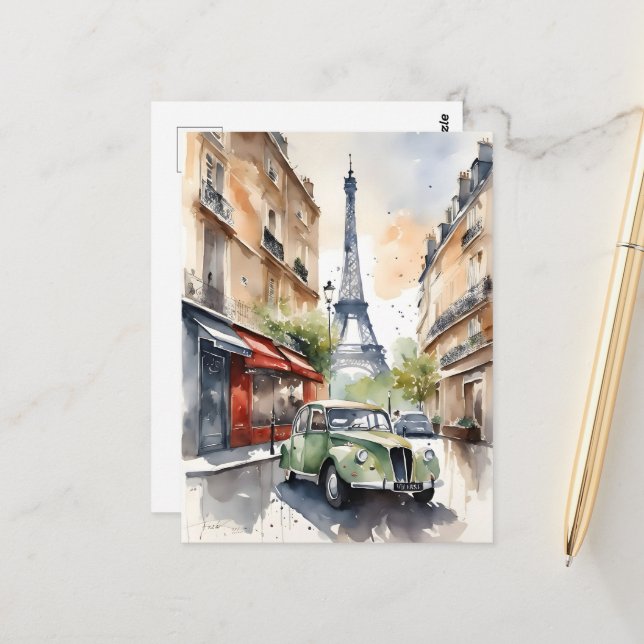 Carte Postale art aquarelle de Paris (Devant/Arrière en situation)