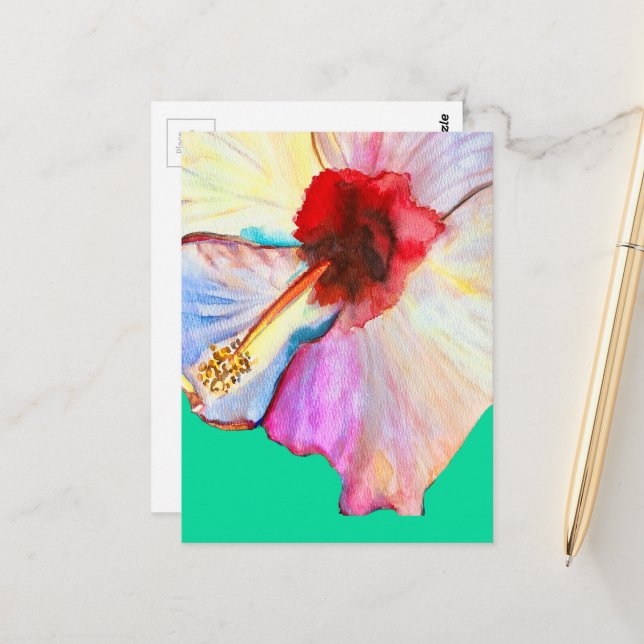 Carte Postale art aquarelle d'hibiscus d'été (Devant/Arrière en situation)