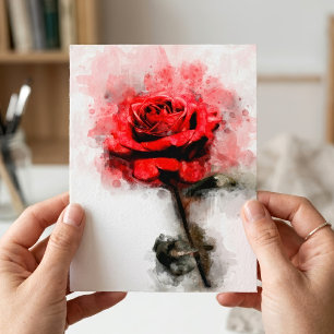 Carte Postale Art aquarelle d'une rose rouge sur fond blanc