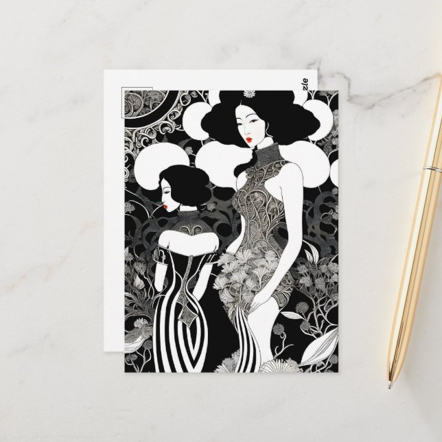 Carte Postale Art asiatique femme encre, Post-croisement (Devant/Arrière en situation)