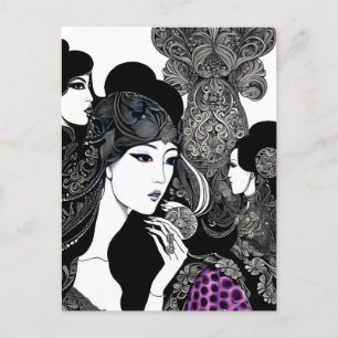 Carte Postale Art asiatique femme encre, Post-croisement