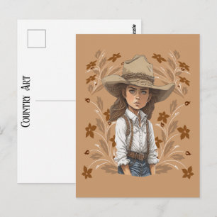 Carte Postale Art de campagne Cowgirl Chapeau de cowboy Pose ave