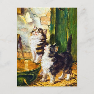 Carte Postale Art de chat papillon chatons curieux vintage